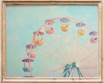 May include: A colorful Ferris wheel with pastel blue and pink gondolas against a light blue sky. The Ferris wheel is painted in a whimsical style with a white frame and colorful gondolas.