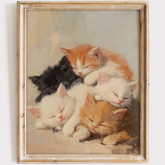 Sleepy Kittens Art Print | Handmade USA, Linen Texture