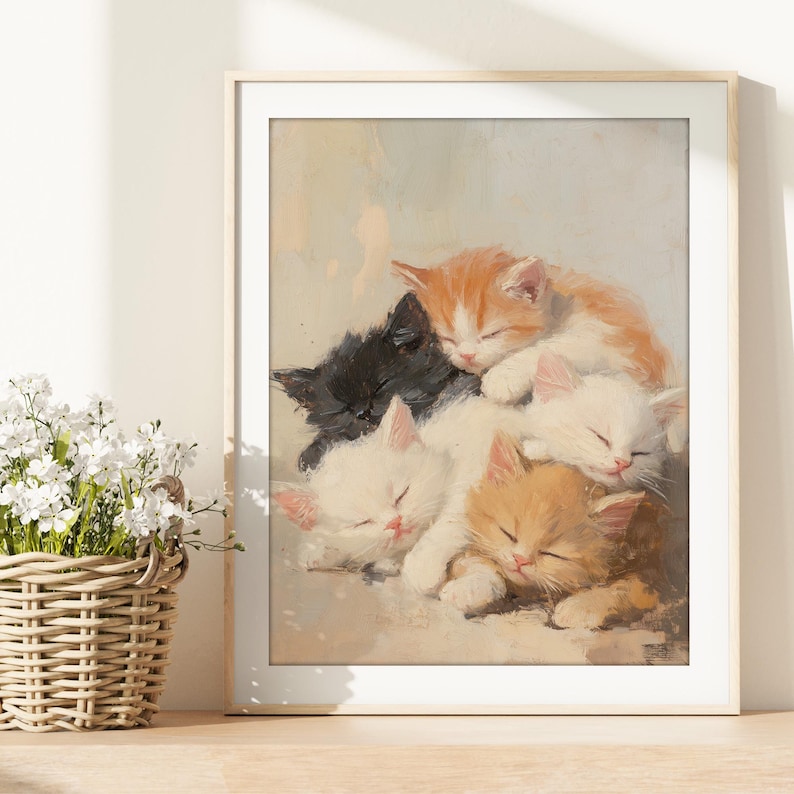 May include: A painting of five kittens sleeping on top of each other. The kittens are white, black, and orange. The kittens are in a pile, with the orange kitten on top.