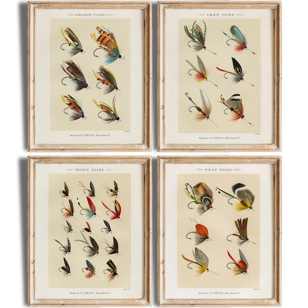 Vintage Fly Fishing Art Prints (Set of 4) - Unframed - 8x10
