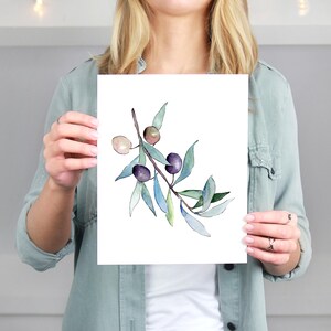 Op de afbeelding: Waterverfillustratie van een olijftak met groene bladeren en paarse olijven. Het kunstwerk heeft een delicaat, botanisch ontwerp met zachte aquareltexturen en een natuurlijke esthetiek. De olijven zijn dieppaars en de bladeren zijn een mix van groen en blauw.