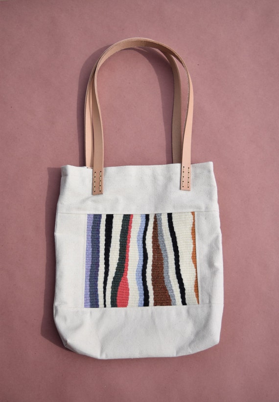 Minimalist Canvas Bag With Hand Woven Fabric Patch Leather Straps Tote Purse Totebag Colorful Abstract Weaving