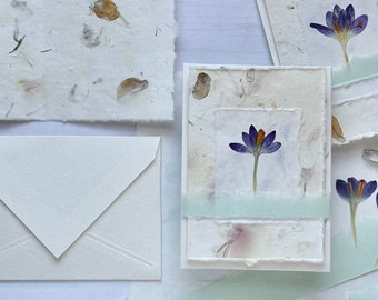 Crocus pressed flower handmade floral paper card and envelope