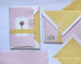 Pink pressed flower card pink deckled handmade paper blank card and envelope with yellow liner pink lemonade color scheme