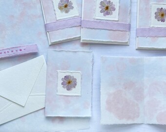 Pressed cherry blossom card blue and pink marbled handmade paper Mother's Day card baby shower card
