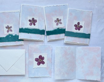 Purple cherry blossom pressed flower pink and blue marbled handmade paper blank card and envelope