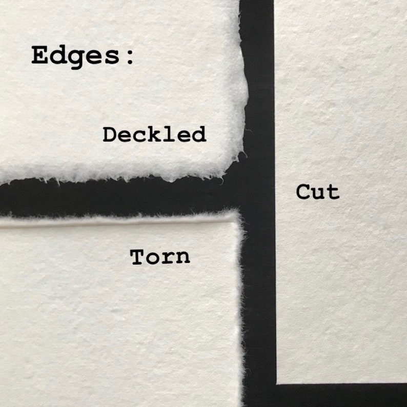 May include: Close-up of three paper samples showing different edge types: deckled, torn, and cut. The text "Edges:" is at the top of the image.