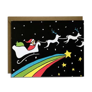 Carte de Noël amusante - Cartes de vœux, père Noël de l'espace, arcs-en-ciel, étoiles, traîneau, magique