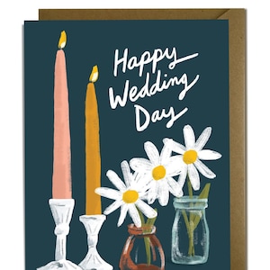Hochzeitskarte - Happy Wedding Day, Blumen und Kerzen