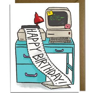 Cartão de aniversário engraçado - retrô, banner de impressora matricial Feliz aniversário, anos 80 e 90, computador antigo