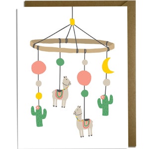 Süße Babykarte - Lama Mobile, boho, grau, rosa, grün, gelb, Junge, Mädchen, neutral