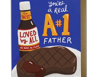 Carte pour la fête des pères - Un père numéro 1, le meilleur des pères, une sauce à steak, un grill, de la viande
