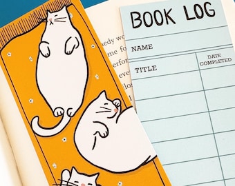 Lazy Cats on Rug Bookmark - Double sided with vintage library reading log on back
