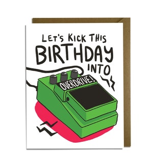 Tarjeta de cumpleaños divertida: guitarra, pedal, overdrive, guitarrista, años 80, años 90, rock, músico