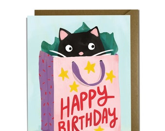 Funny Birthday Card - Cat in Gift Bag