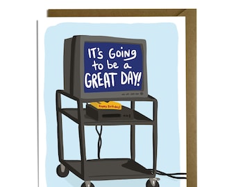 Funny Birthday Card - School TV Cart, 80s kid, 90s kid