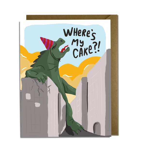 Giant Lizard Monster Birthday Card - Funny pop culture card