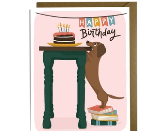 Funny Birthday Card - Dachshund Dog on Books