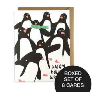 Divertida caja de tarjetas navideñas: los pingüinos desean cálidas vacaciones