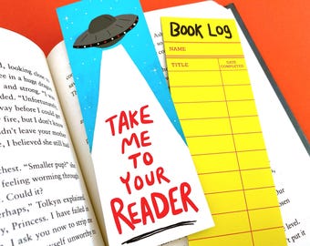UFO Alien Bookmark - Double sided with vintage library reading log on back