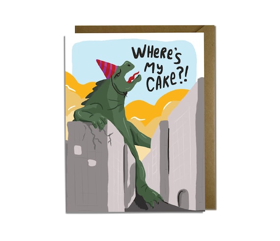 Giant Lizard Monster Birthday Card - Funny pop culture card