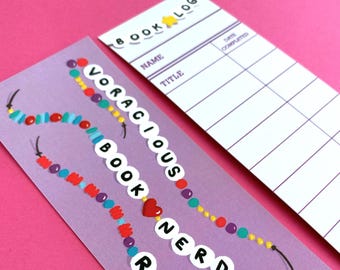 Friendship Bracelet Book Nerd Bookmark - Double sided with vintage library reading log on back