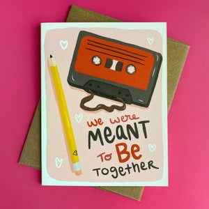 Tarjeta divertida para el día de San Valentín: cinta de casete, lápiz, retro, tecnología de los años 80 y 90, tarjeta de aniversario, amor, tarjeta de San Valentín para él o para ella, vieja escuela