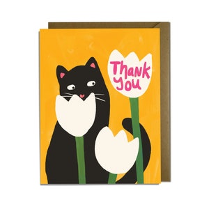 Carte de remerciement chat - jaune, fleur, chat noir
