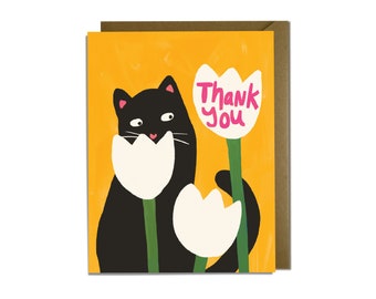 Cat Thank You Card - Yellow, Flower, Black Cat