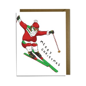 Grappige kerstkaart - retro sneeuwski kerstman, jaren 80, 90, kerstkaart