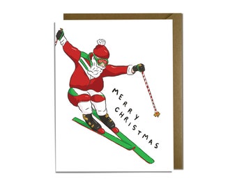 Funny Christmas Card - Retro Snow Ski Santa, 80s, 90s, Holiday Card