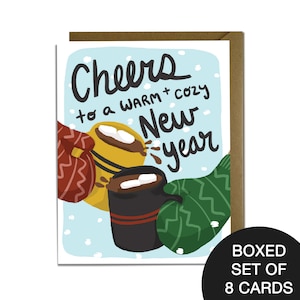 Juego de tarjetas de Año Nuevo en caja: Saludos por un Año Nuevo cálido y acogedor, juego de 8, chocolate caliente, guantes