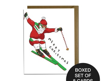 Funny Christmas Card BOXED SET OF 8 - Santa Ski Card, holiday card