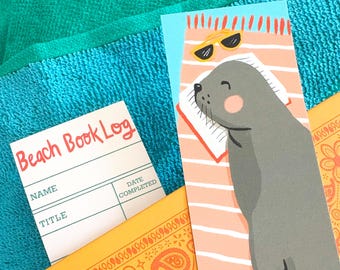Beach Book Sea Lion Bookmark - Double sided with vintage library reading log on back