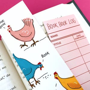 Marque-page livre Chickens - recto-verso avec journal de lecture de bibliothèque vintage au dos