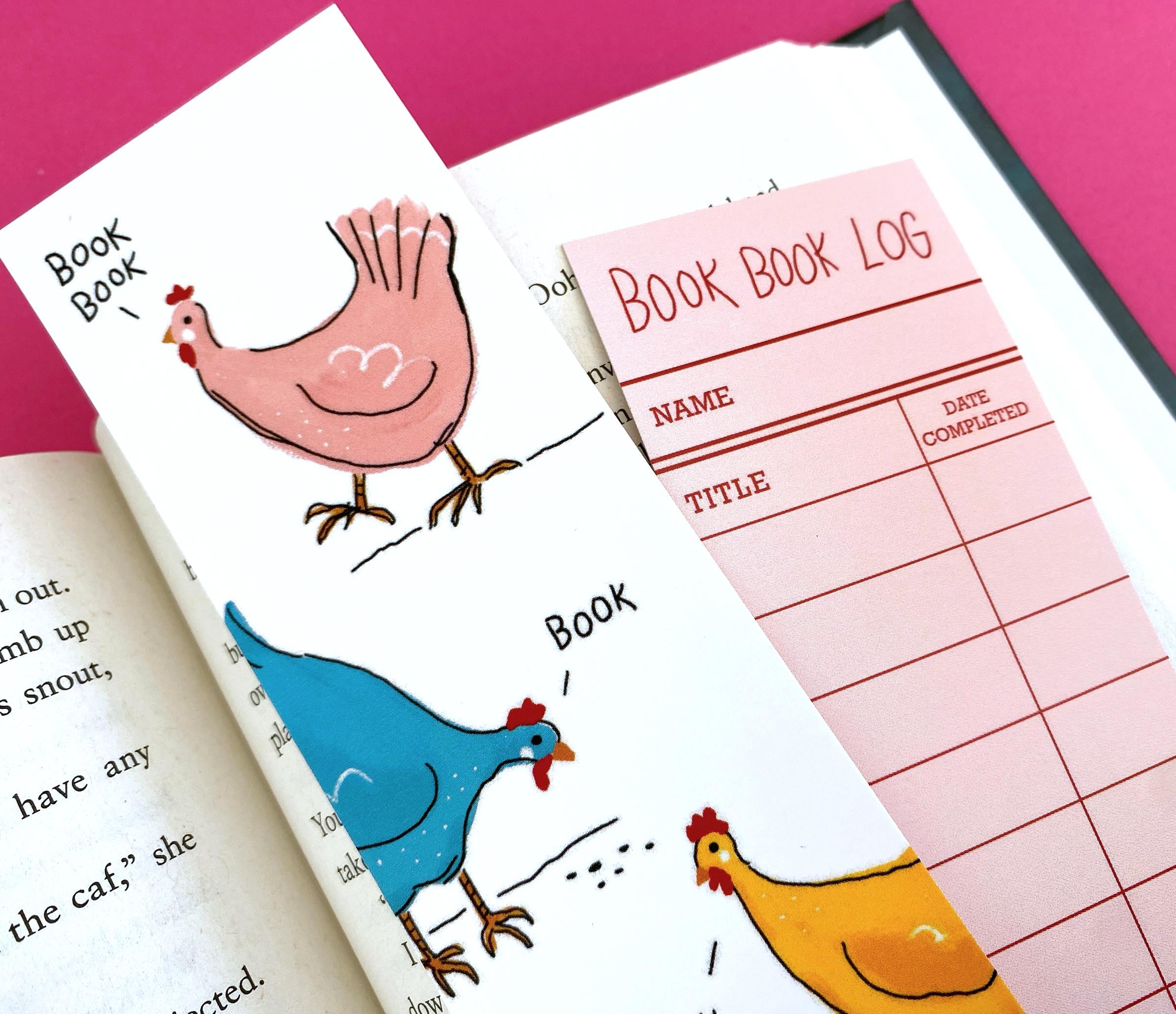 Chickens Book Book Bookmark - Double sided with vintage library reading log on back