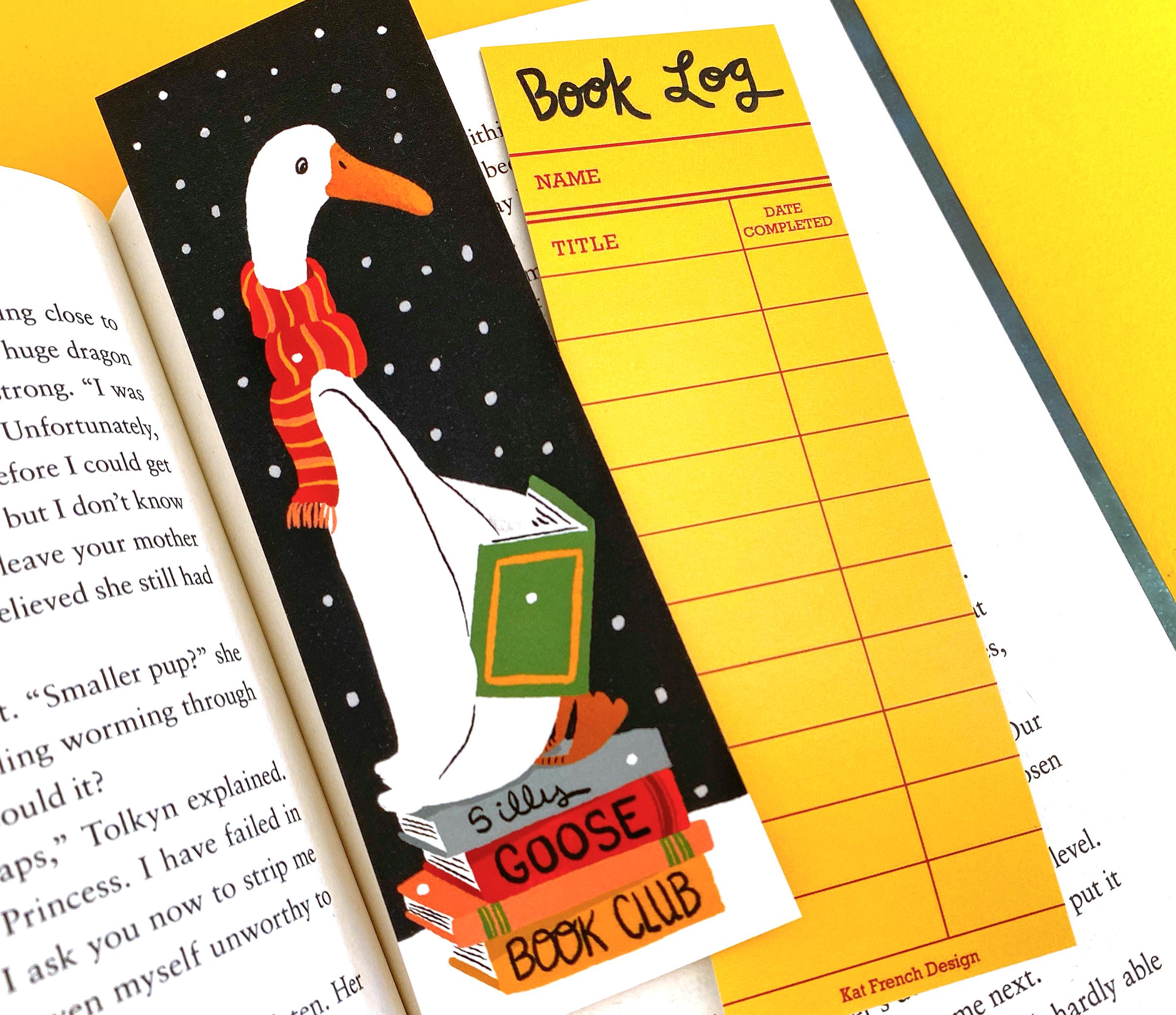 Silly Goose Book Club Bookmark - Double sided with vintage library reading log on back