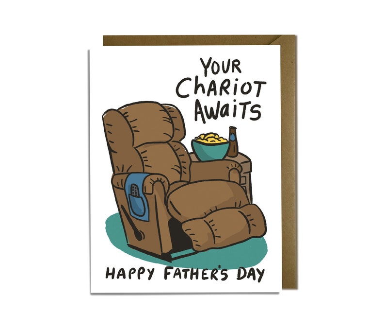 Carte drôle de fête des pères - chariot, fauteuil inclinable, bière, détente, père, beau-père, fils image 1