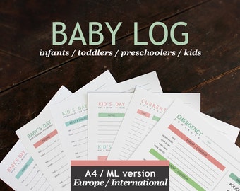 Baby & Nanny Log - Europe / International Version Baby's Day - Printable daily log for childcare nannies and baby-sitters