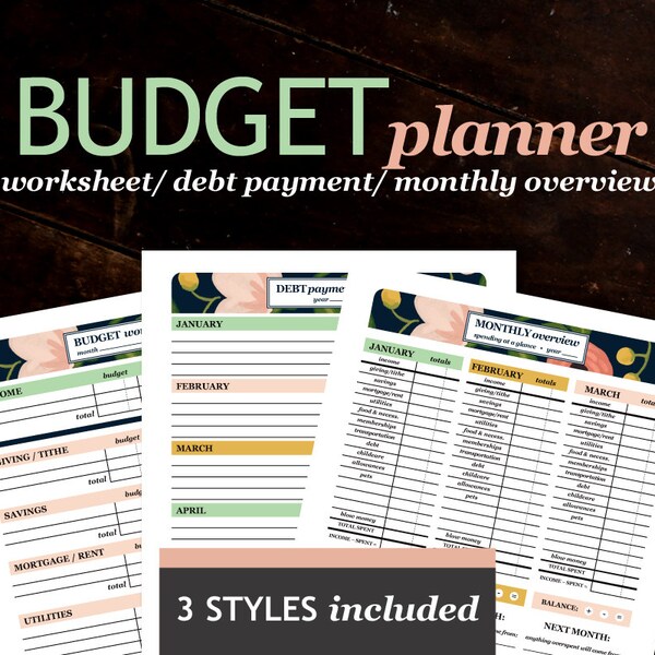 Budget Planner Printable - worksheet, overview, debt payoff, instant download in 3 styles