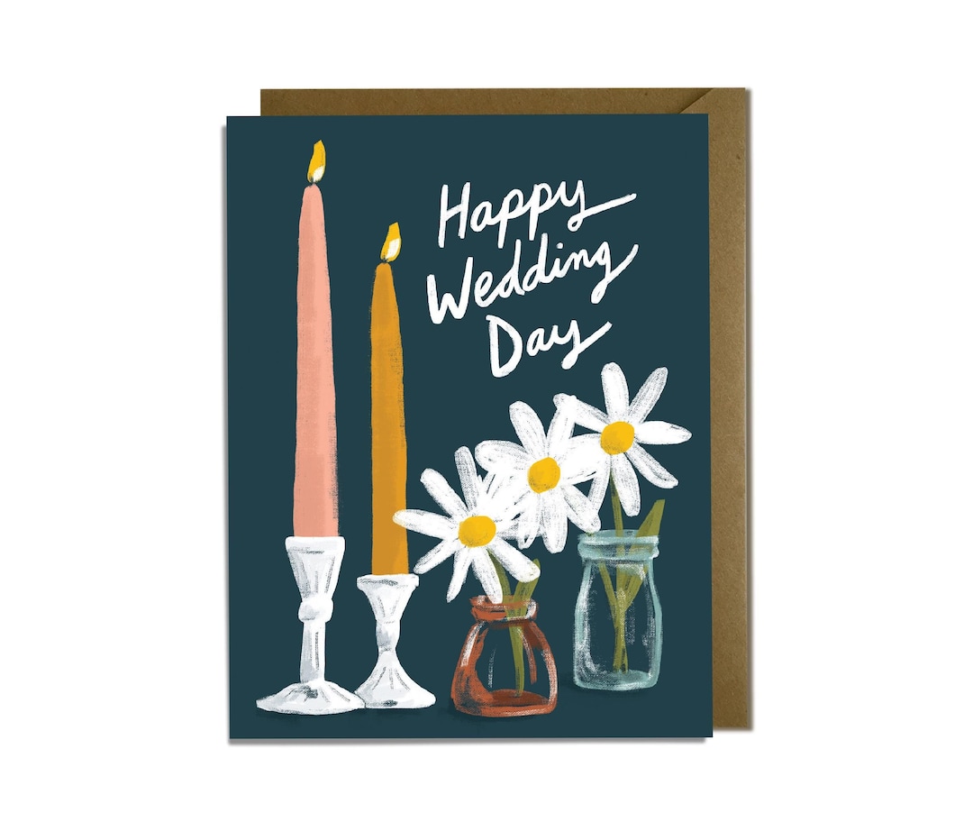 Wedding Card - Happy Wedding Day, Flowers and Candles - Etsy