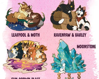 PREORDER Jumbo Pins Ravenpaw and Barley, Leaf and Mothwing, Sun-Drown Place and Moonstone