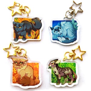 Op de afbeelding: Vier kleurrijke sleutelhangers met kattenfiguren en gouden sterbedels. Elke sleutelhanger heeft een andere kat met een unieke achtergrond. De katten zijn in cartoon-stijl afgebeeld.