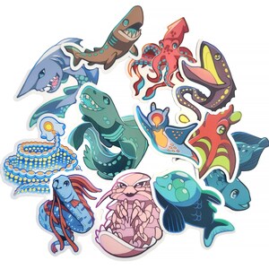 NUOVI DESIGN! Adesivi con creature degli abissi marini: anguilla inghiottitrice, calamaro vampiro e calamaro gigante, tagliabiscotti, sifonoforo, squalo goblin, squalo barile immagine 2
