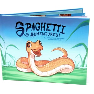 May include: A blue book titled "Spaghetti Adventures!" illustrated and written by Madi Poole. The cover features a cartoon snake with a happy expression.