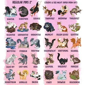 Puede incluir: Una colección de 30 pines ilustrados de gatos dispuestos en una cuadrícula sobre un fondo rosa. Cada pin presenta un personaje de gato único con su nombre impreso debajo, como Darktail y Scourge. El texto REGULAR PINS 2" aparece en la parte superior.