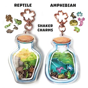 Puede incluir: Dos colgantes agitadores transparentes con temas de reptiles y anfibios. Cada colgante tiene forma de tarro con tapa de madera y cierre en forma de flor en oro rosa. El colgante de reptiles contiene ilustraciones de reptiles, y el colgante de anfibios contiene ilustraciones de anfibios. El texto "REPTILE", "AMPHIBIAN" y "SHAKER CHARMS" es visible.