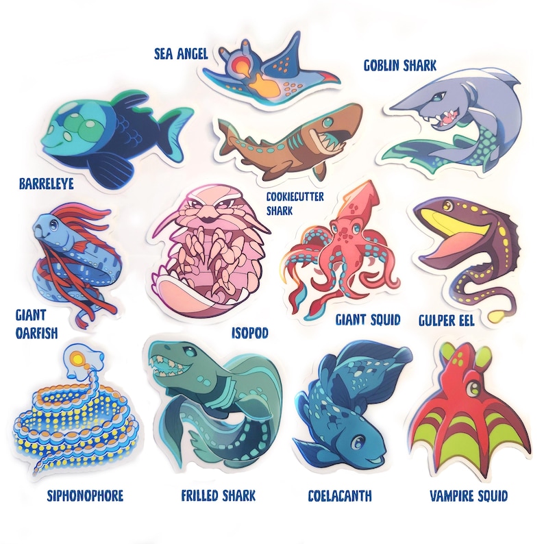 NUOVI DESIGN! Adesivi con creature degli abissi marini: anguilla inghiottitrice, calamaro vampiro e calamaro gigante, tagliabiscotti, sifonoforo, squalo goblin, squalo barile immagine 1