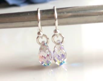 Swarovski Crystal Teardrop Earrings, Aurora Borealis Dangle, Sterling Silver Hooks (11mm)