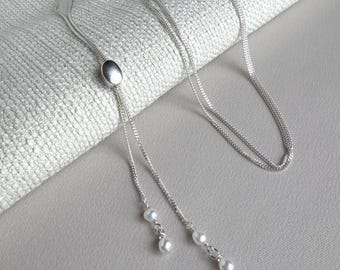 Sterling Silver Freshwater Pearl Slider Necklace | Bolo Style Adjustable Necklace | No Clasp Pearl Necklace | Layering Jewelry
